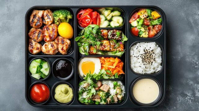 Assortment of Healthy Food Bento Box: A colorful and delicious bento box filled with a variety of healthy and fresh foods, including grilled chicken, vegetables, salad, rice, and dipping sauces.