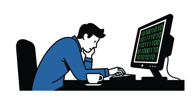 Man sitting at a desk, focused on a computer screen displaying binary code, with a cup of coffee nearby.