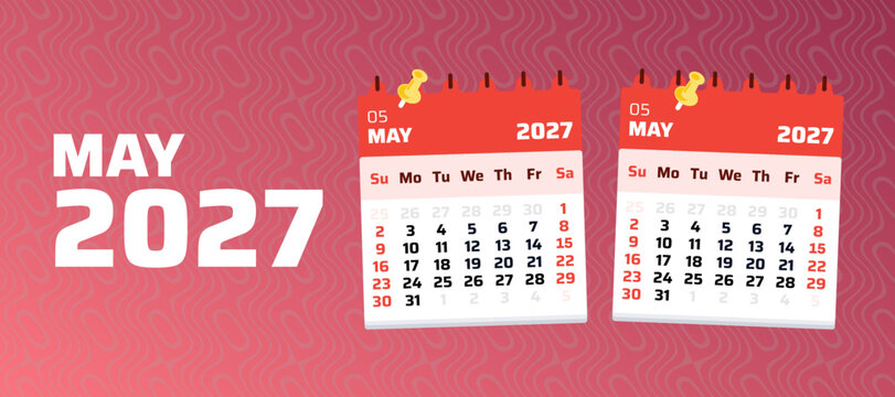 May 2027 calendar banner template featuring two monthly calendar layouts on a vibrant pink gradient background. Modern vector illustration suitable for planners, scheduling systems, productivity tools
