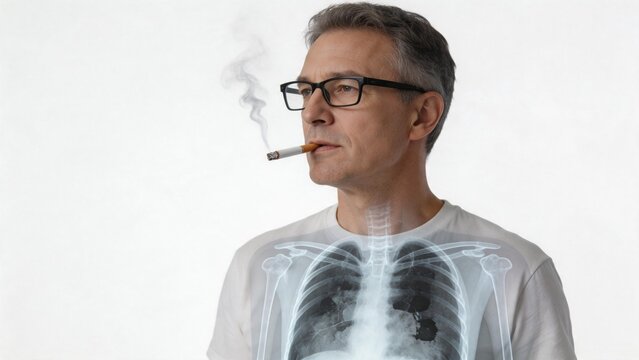 Man smoking with visible lung xray