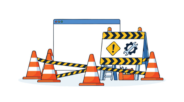 Website Under Construction Illustration - Web Maintenance Page Concept with Traffic Cones and Road Barrier
