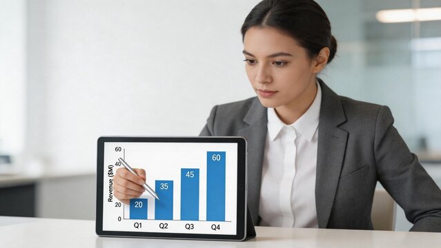 Businesswoman analyzing revenue chart on tablet