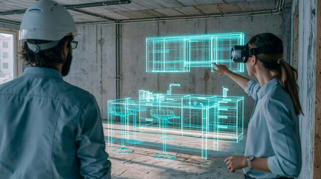 PropTech and BIM concept: Female client in a VR headset and an engineer visualizing a glowing 3D wireframe digital twin hologram of a kitchen inside an unfinished concrete building