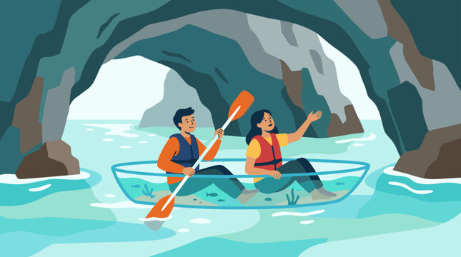 Couple enjoys transparent kayak adventure exploring crystal clear water inside a serene sea cave observing marine life below with wonder