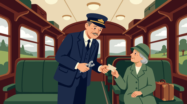 Train conductor checking ticket from elderly woman passenger