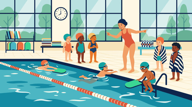 Swim instructor teaching kids swimming lessons at indoor pool