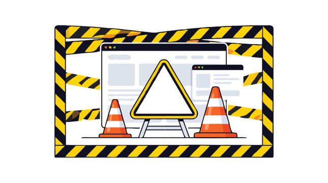 Website Under Construction Concept with Maintenance Warning Signs and Caution Tape