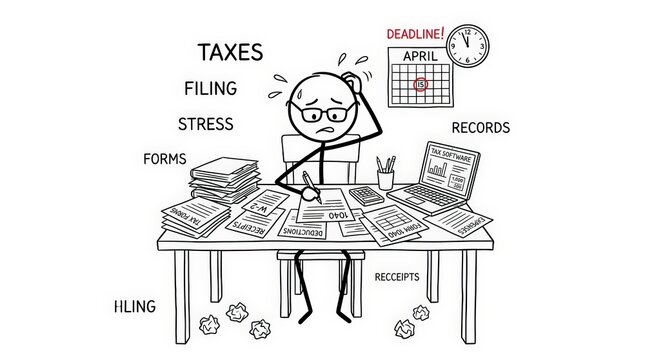 Stressed stick figure person filing taxes at messy desk, tax season deadline concept with paperwork and receipts, financial anxiety illustration
