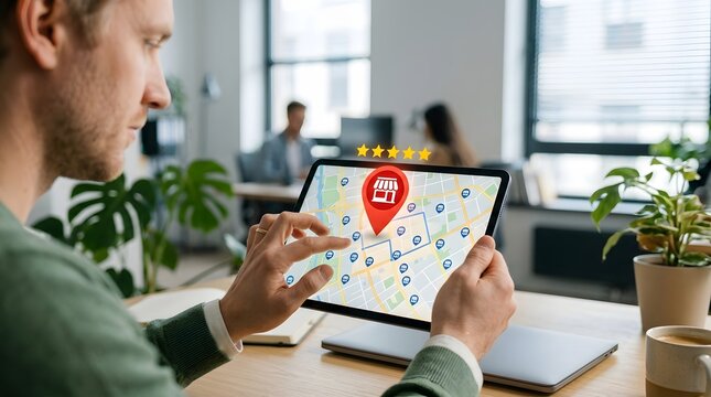 Man searching local store location on tablet map with five-star rating in office
