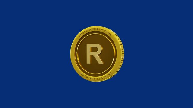 A realistic 3D gold South African Rand coin rotates on a vertical axis. It features a matte finish and a clear "R" symbol, contrasting sharply with a simple, clean, and solid blue background.