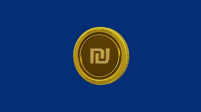 High-quality 3D animation of a shiny golden Israeli Shekel coin rotating in a seamless loop. The coin features the currency symbol and text, set against a clean, isolated blue screen background.