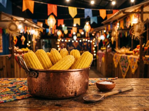 Espigas de milho cozido dentro panela em mesa de madeira em festa junina, festa caipira