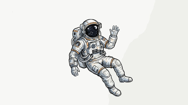 Astronaut floating in space waving hello with stars and planets reflected in helmet visor