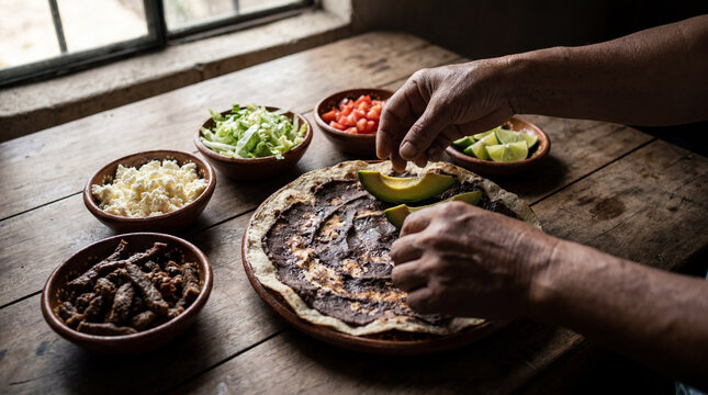 Hands preparing traditional Mexican tlayuda with various fresh ingredients on a rustic wooden table.