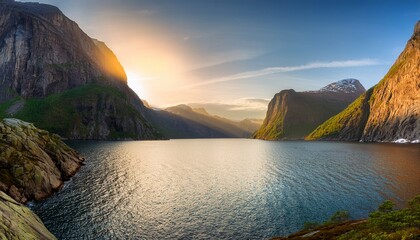 Naklejka premium Majestic Panoramic Vista Narrow Fjord Embraced By Towering Cliffs In Golden Hour Light Dramatic Spring Landscape For Tranquil Vacation Getaway Stunning Natural Beauty Captured In K Wallpaper And A