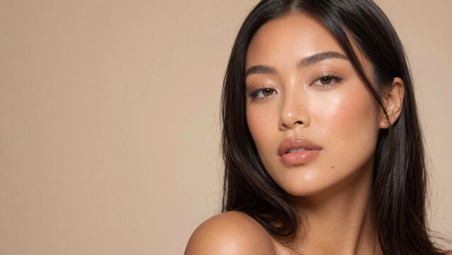 Glossy Nude Lip Balm Cream Blush and Liquid Taupe Eyeshadow Skincare Makeup Products on Wasian Beauty Model With Feminine Directional Bloom Skin K-Beauty Aesthetic and Beige Copy Space Banner