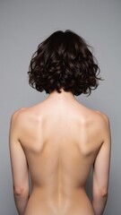 Fototapeta premium Back View of Young Brunette with Short Curly Bob Hair on Gray Background