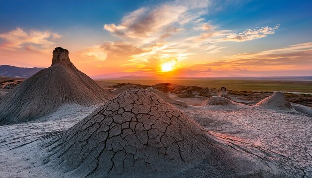 Mud Volcanoes In Gobustan At Sunset