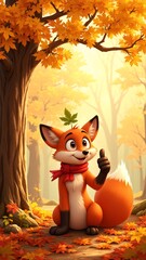 Obraz premium Cheerful Fox Giving Thumbs Up With Maple Leaf in Autumn Forest