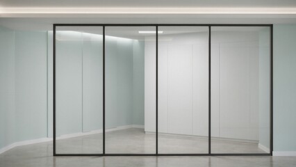 Fototapeta premium Glass partition wall with a sleek black metal frame divides an office space to create a modern and open workspace.