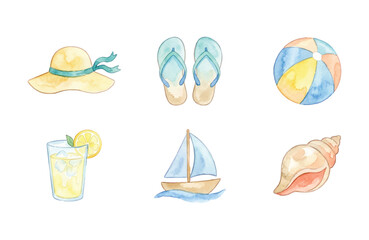 Obraz premium Watercolor summer beach icons collection isolated on white background