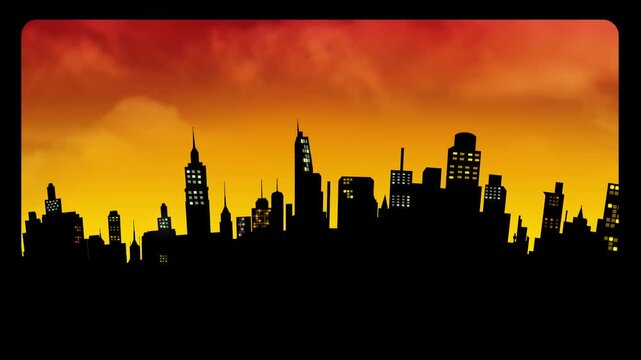 vector illustration of sunset over the city silhouette loop motion background