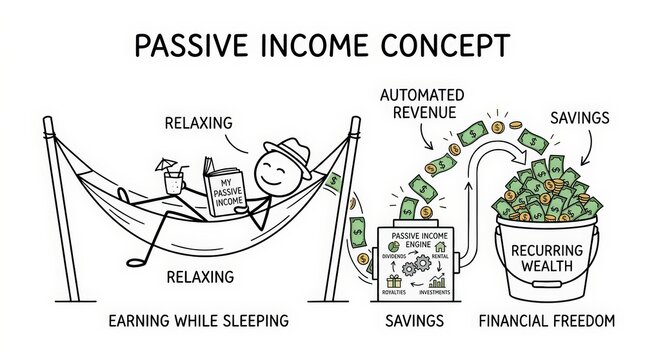 Passive income concept illustration, automated revenue and financial freedom infographic, stick figure relaxing in hammock earning recurring wealth