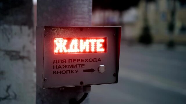 The sign "WAIT" is lit in red on the traffic light control board. Close-up shooting at an intersection