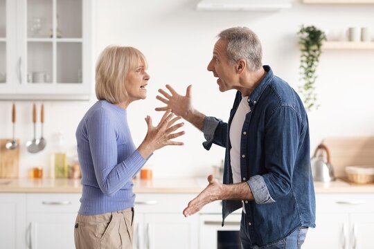 Frustrated Elderly Caucasian Couple Engaging In Argument In Kitchen, Expressing Their Emotions With Hand Gestures And Facial Expressions, Creating Tension In Domestic Setting, Conflict Concept.