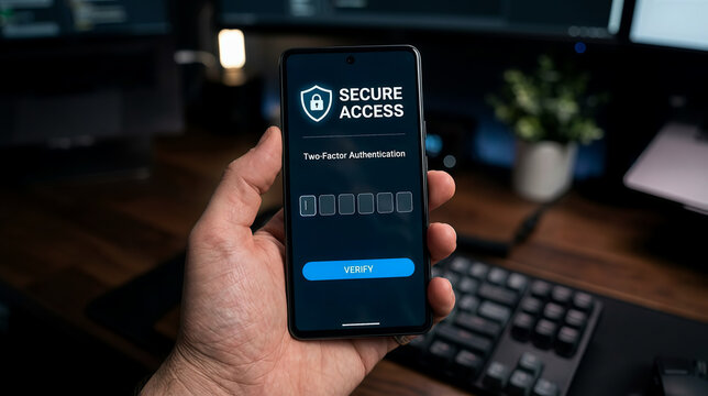 Hand holding smartphone with two factor authentication secure access screen concept