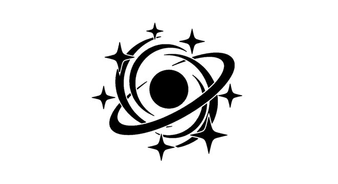Minimal black silhouette icon, simple flat vector, bold black shape, no, no shading abstract cosmic symbol with a central sphere surrounded by rings and stars on a, flat icon style