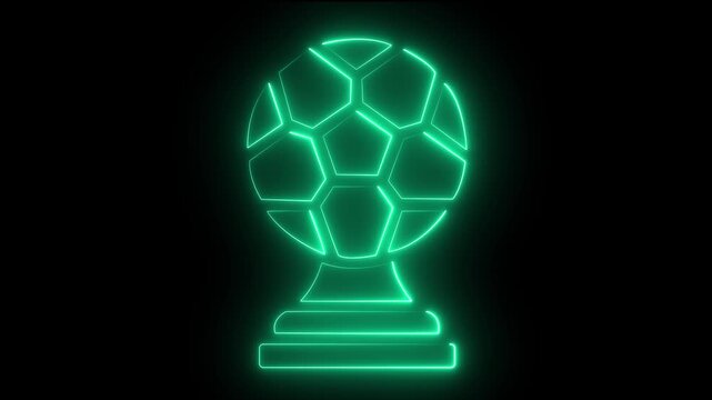 neon soccer ball trophy animation on black background, football.glowing blue neon outline of a soccer ball with hexagonal and pentagonal panels against a solid black background, representing
