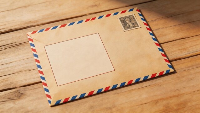 Old envelope with stamp on wooden surface