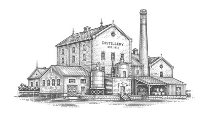 Obraz premium Distillery building with tall smokestack and barrels est 1872. Vintage woodcut engraving style vector illustration.