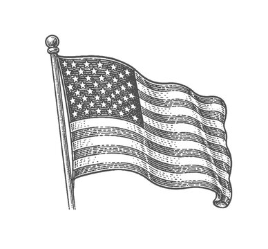 Vintage American flag waving proudly on a flagpole. Vintage woodcut engraving style vector illustration.