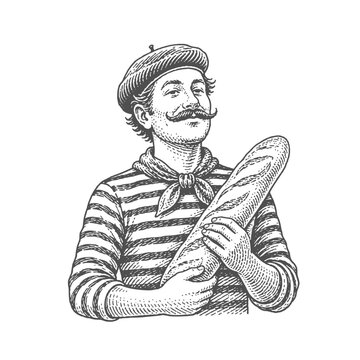 Man with mustache holding a fresh baguette bread. Vintage woodcut engraving style vector illustration.
