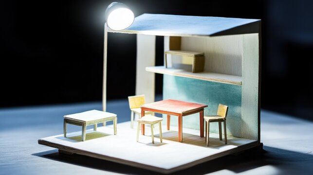 Miniature Interior Model Under Spotlight