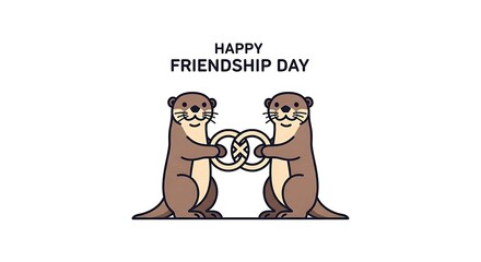 Fototapeta premium Minimalist cartoon otters holding intertwined wooden rings for friendship day festive concept.
