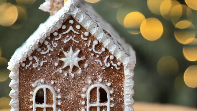 Close-up of a gingerbread Christmas house against a background of glowing fairy lights.Symbol of the winter holidays. 4k footage