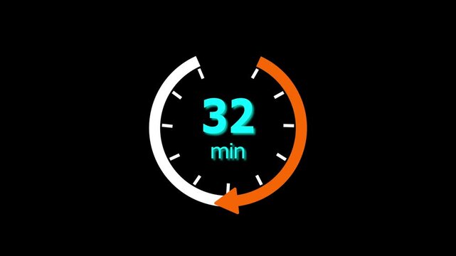 32 Min clock icon animation. 32 minute animation on black background and creating a stunning 4k video.