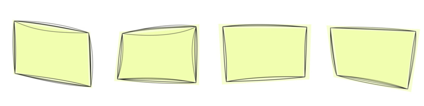Set of Four Yellow Sticky Notes with Perspective Warp Effect for Digital UI Design and Office Organization Concepts