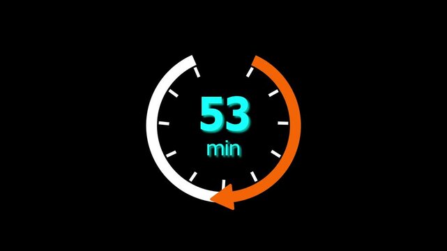 53 Min clock icon animation. 53 minute animation on black background and creating a stunning 4k video.