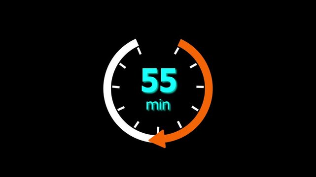 55 Min clock icon animation. 55 minute animation on black background and creating a stunning 4k video.