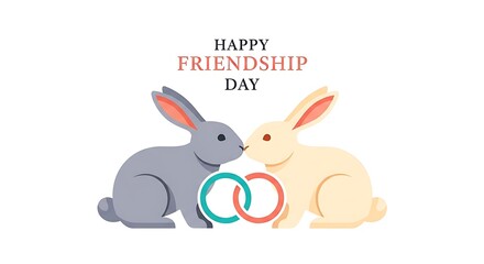 Fototapeta premium Two adorable rabbits share friendship day with interlocking rings.
