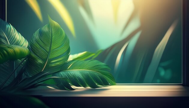 Blurred Tropical Green Leaf Outside The Window Dark Tone