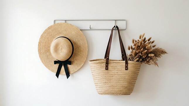 Woven hat and bag hang on a metal rack with dried plants on a white wall indoors.