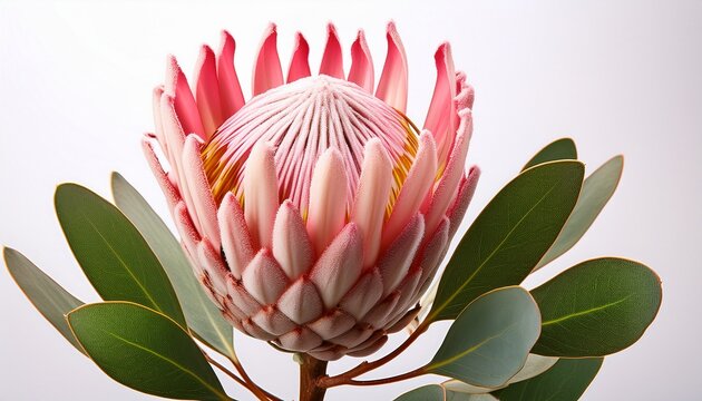 Pink Protea Flower Isolated On White Background With Green Leaves And Stem Shown In Close Up