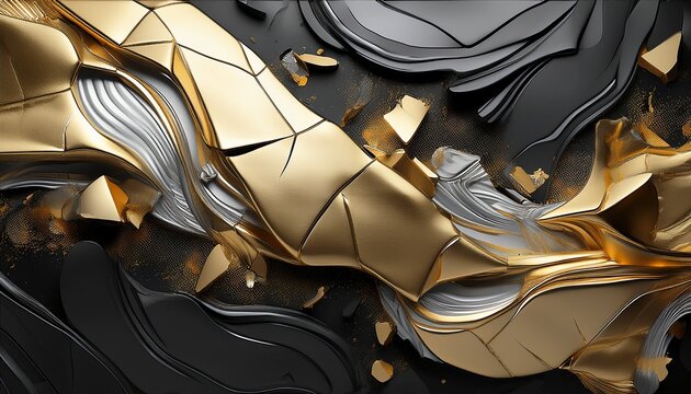 Deconstructed Black And Silver Gold Foil Abstract Art
