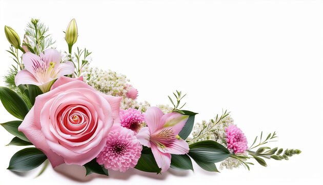 Pink Rose And Eustoma Flowers In A Corner Floral Arrangement Isolated On White Or Transparent Background