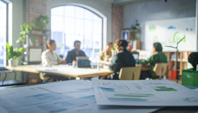 Business meeting focused on renewable energy project planning and environmental impact assessment